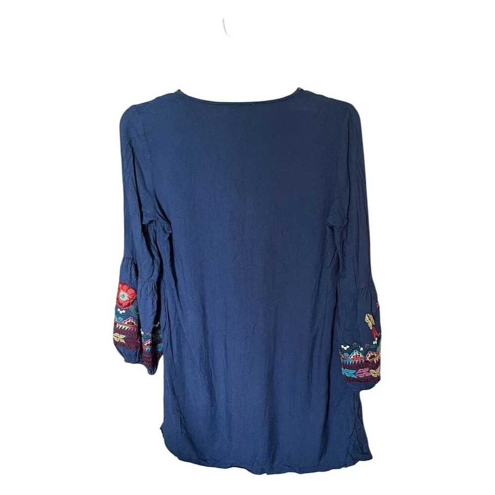 Anthropologie Solitaire Embroidered Blue Long Sleeve Tunic Dress Size Medium